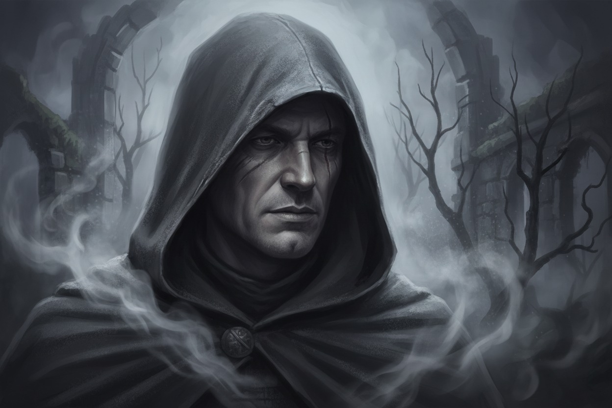 Portret tajemniczego mężczyzny w ciemnym kapturze na tle mglistych ruin i bezlistnych drzew.